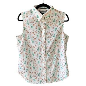 Land’s End Like New 12 No Iron Sleeveless Button Down Shirt Racquets Novelty